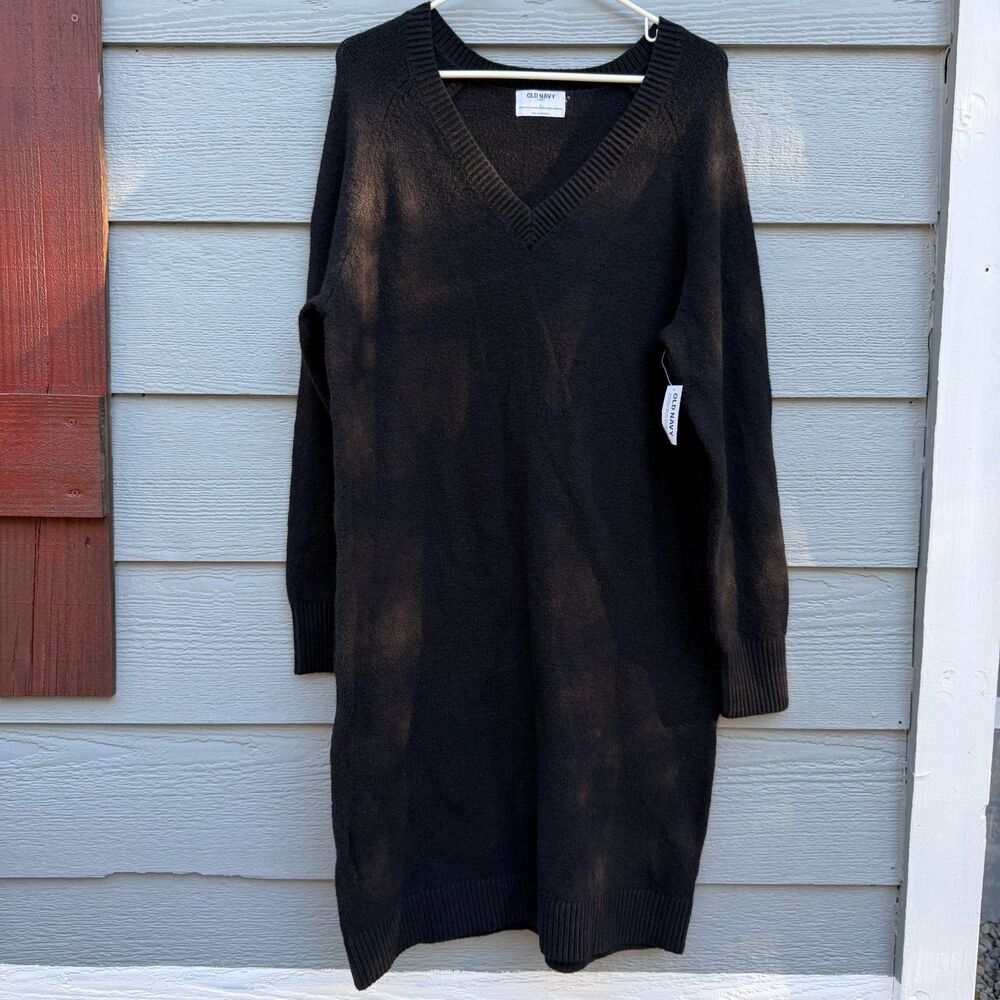 OLD NAVY L So Soft V-Neck Mini Sweater Dress Women Black Cotton Cozy Soft NWT